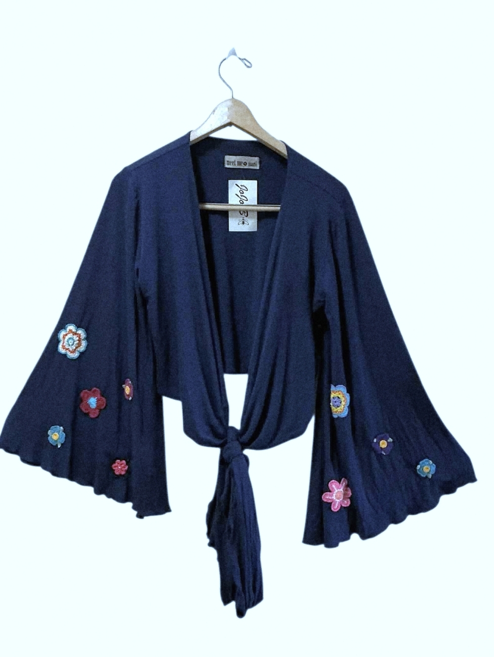 Meet Me In Miami Havana Tie Front Navy Flare Sleeve Top NwT